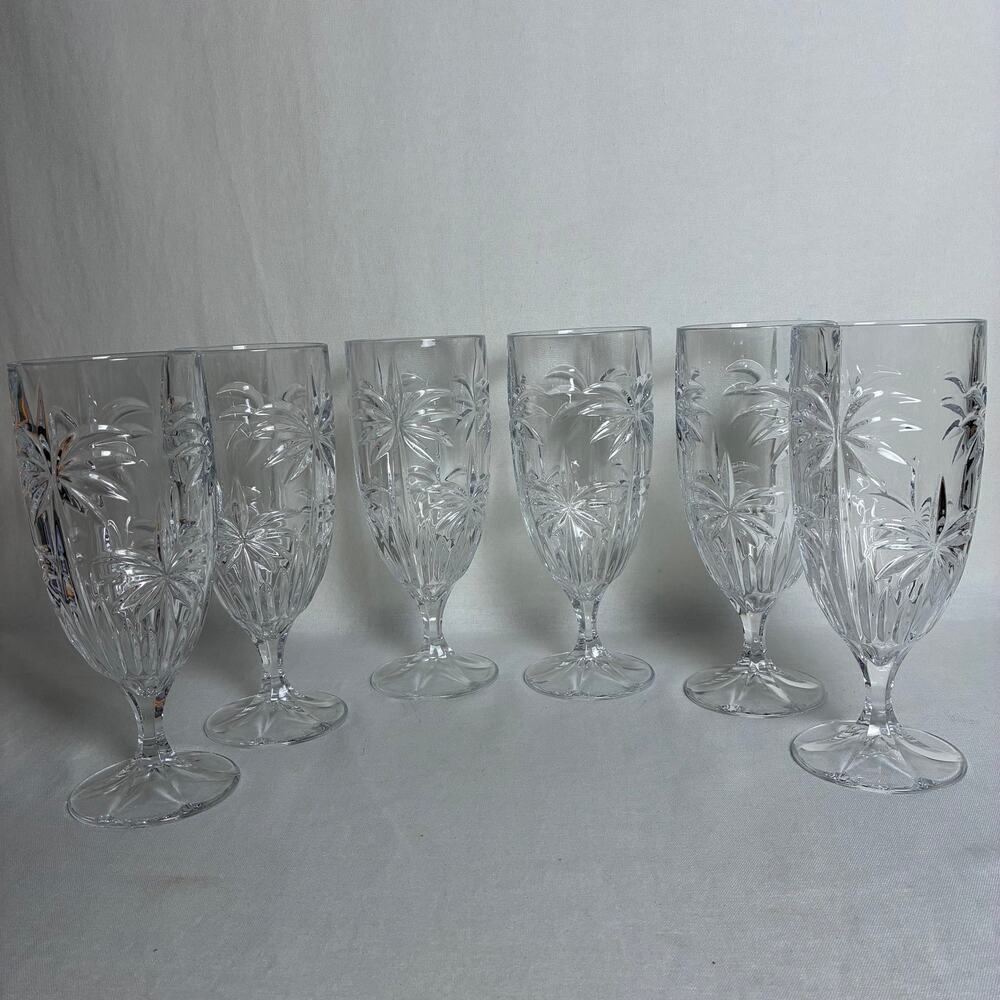 Set of 6 Godinger Shannon Crystal South Beach Palm Tree Footed Iced Tea Glasses